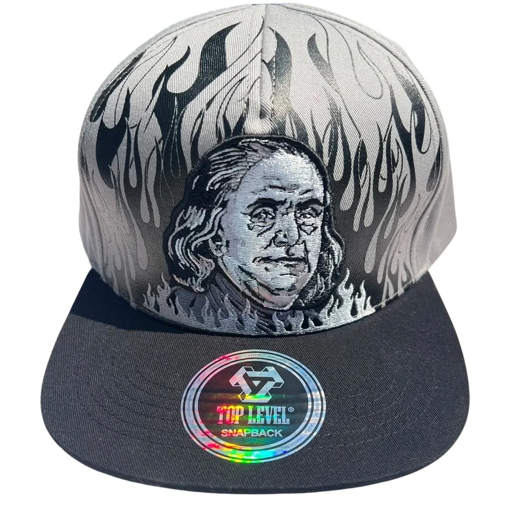 Top Level Ben Franklin Gray Flames SnapBack Money Dollar Bill Hat/Cap  NWT